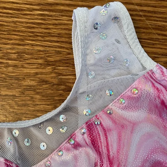 Size 5 Pink and Silvery Swirl Leotard with Sequin Detail gymnastics or dance fun - Picture 2 of 3
